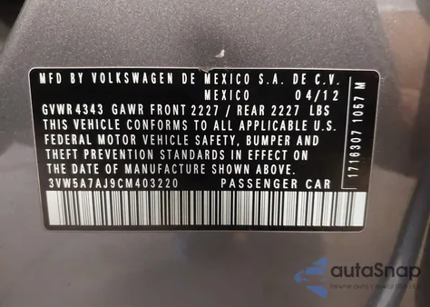 2012 Volkswagen Jetta Gli Autobahn z USA, uszkodzony, nr VIN 3VW5A7AJ9CM403220